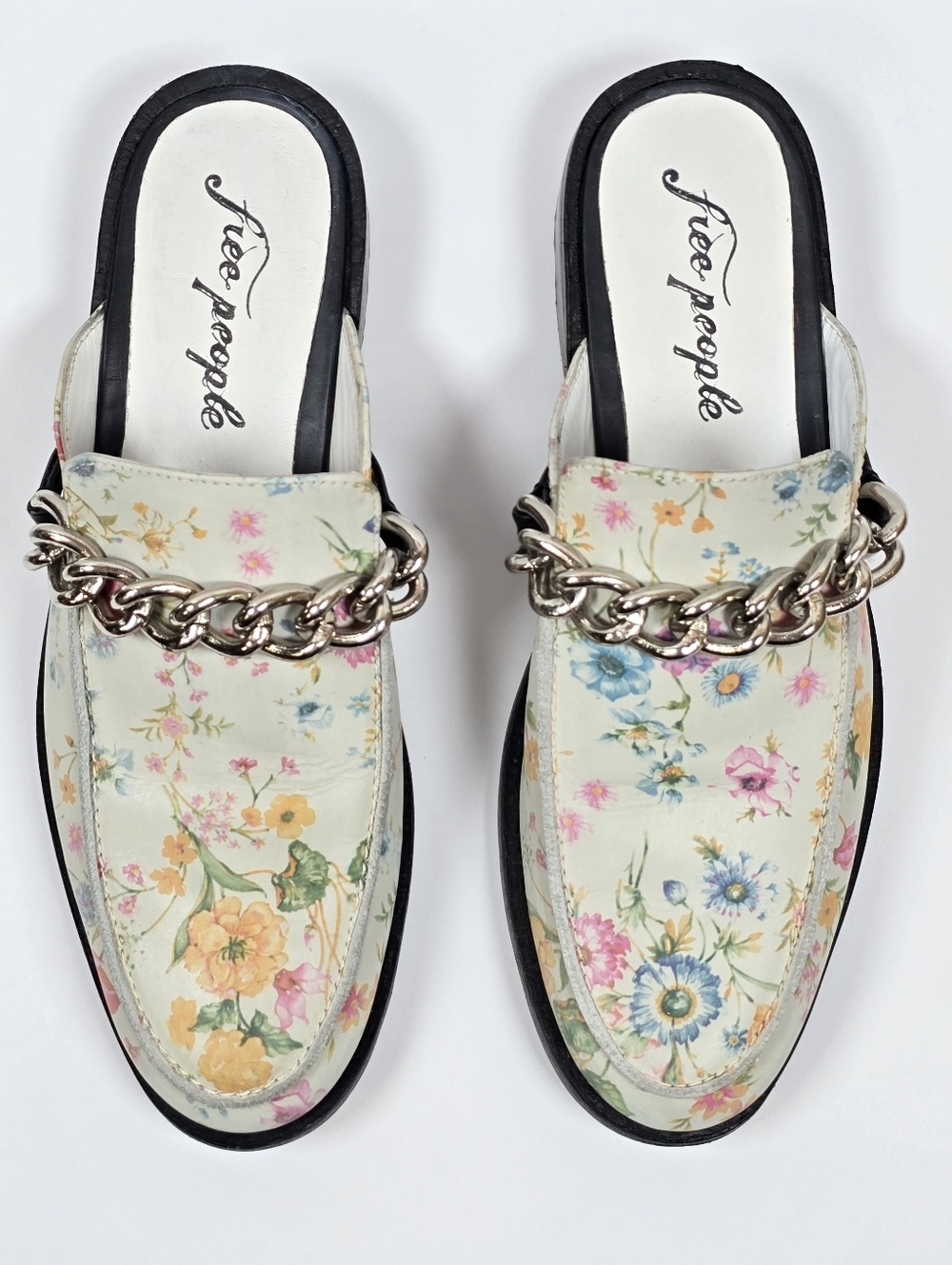 Free People Vida Ivory Floral Leather Chain Embellished Mules Loafers Multi Sz40 - Picture 3 of 14